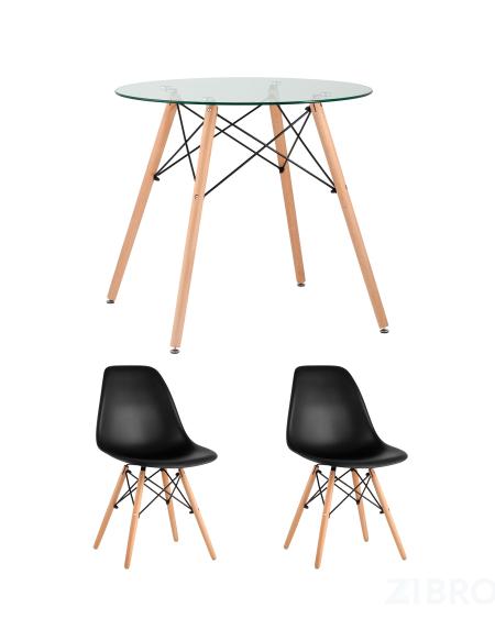 Eames диаметр стола 80 см, столешница стекло, 2 стула Eames черные