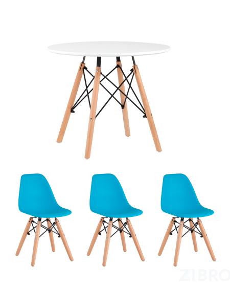 Комплект мебели детский стол Eames белый, 3 стула голубые