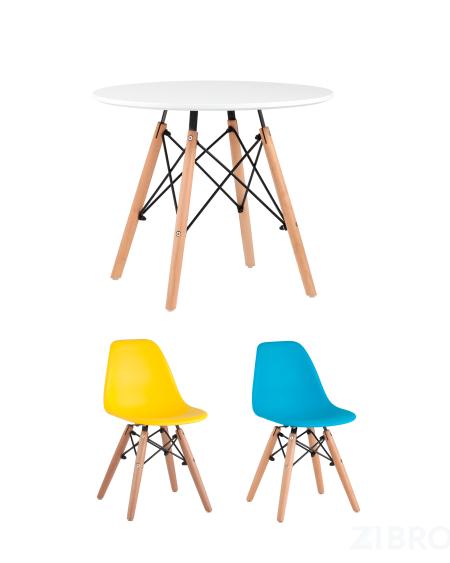 Комплект мебели детский стол Eames белый, диаметр 60 см, 2 стульчика голубой и желтый
