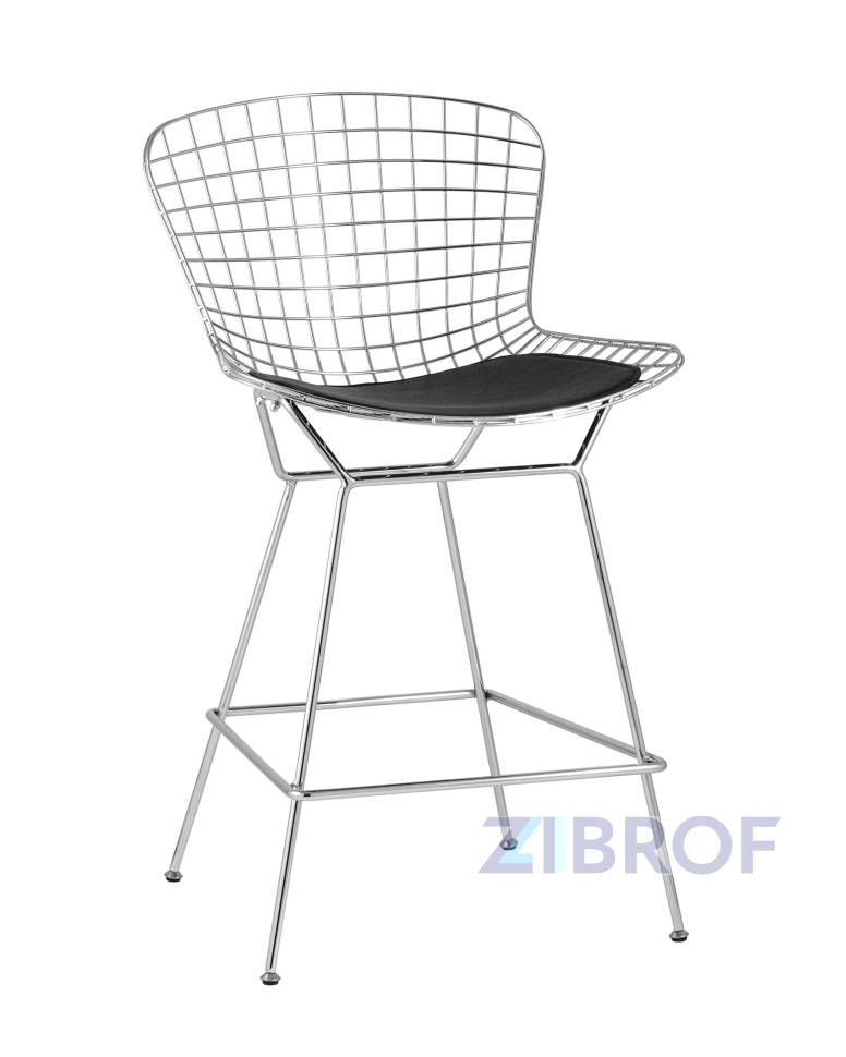 с низкой спинкой Bertoia хромированный металл с черной подушкой из экокожи
