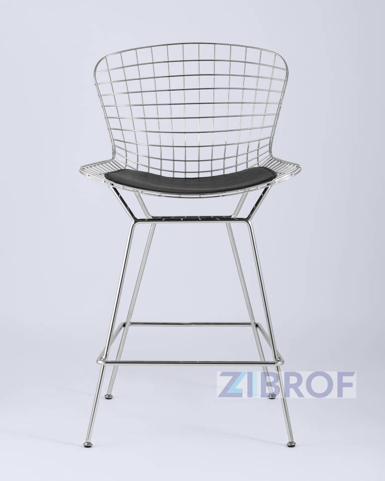 с низкой спинкой Bertoia хромированный металл с черной подушкой из экокожи