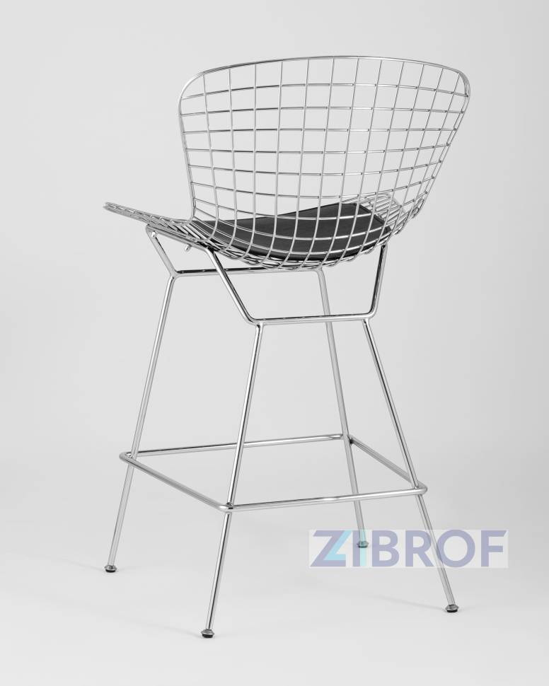с низкой спинкой Bertoia хромированный металл с черной подушкой из экокожи