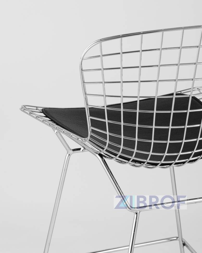 с низкой спинкой Bertoia хромированный металл с черной подушкой из экокожи