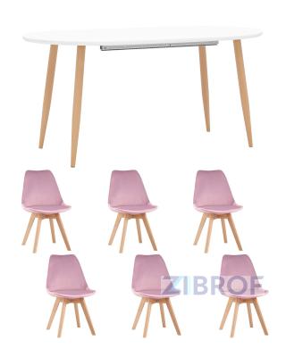 Обеденная группа стол Берген 160-220*90, 6 cтульев Frankfurt велюр розовые