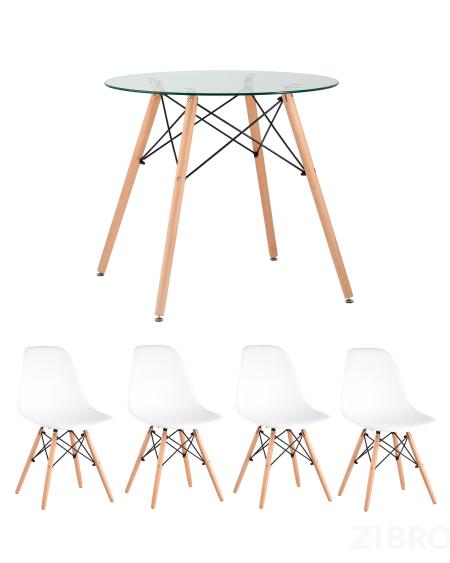 Eames D80 стол стеклянный, 4 стула Eames DSW белые