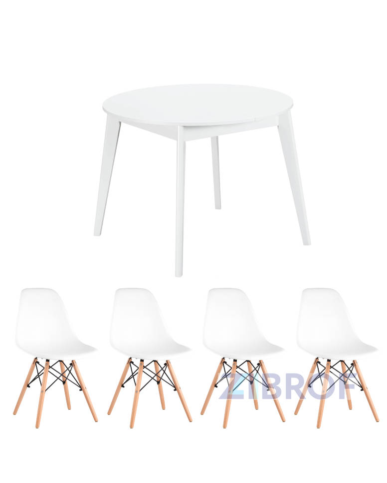 Обеденная группа стол Rondо раскладной 100-135*100 см белый, 4 стула Eames белые