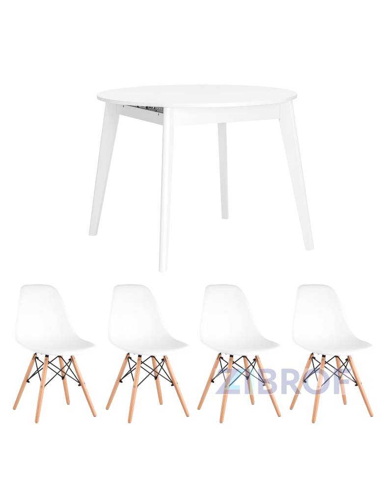 Обеденная группа стол Rondо раскладной 100-135*100 см белый, 4 стула Eames белые