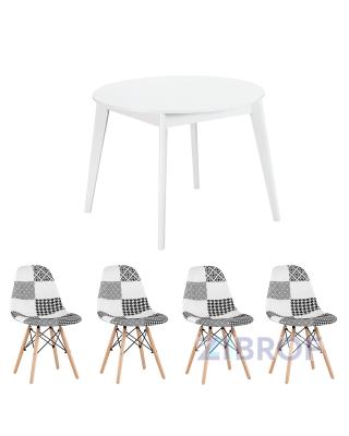 Обеденная группа стол Rondo раскладной 100-135*100 см белый, стулья Eames пэчворк черно-белые