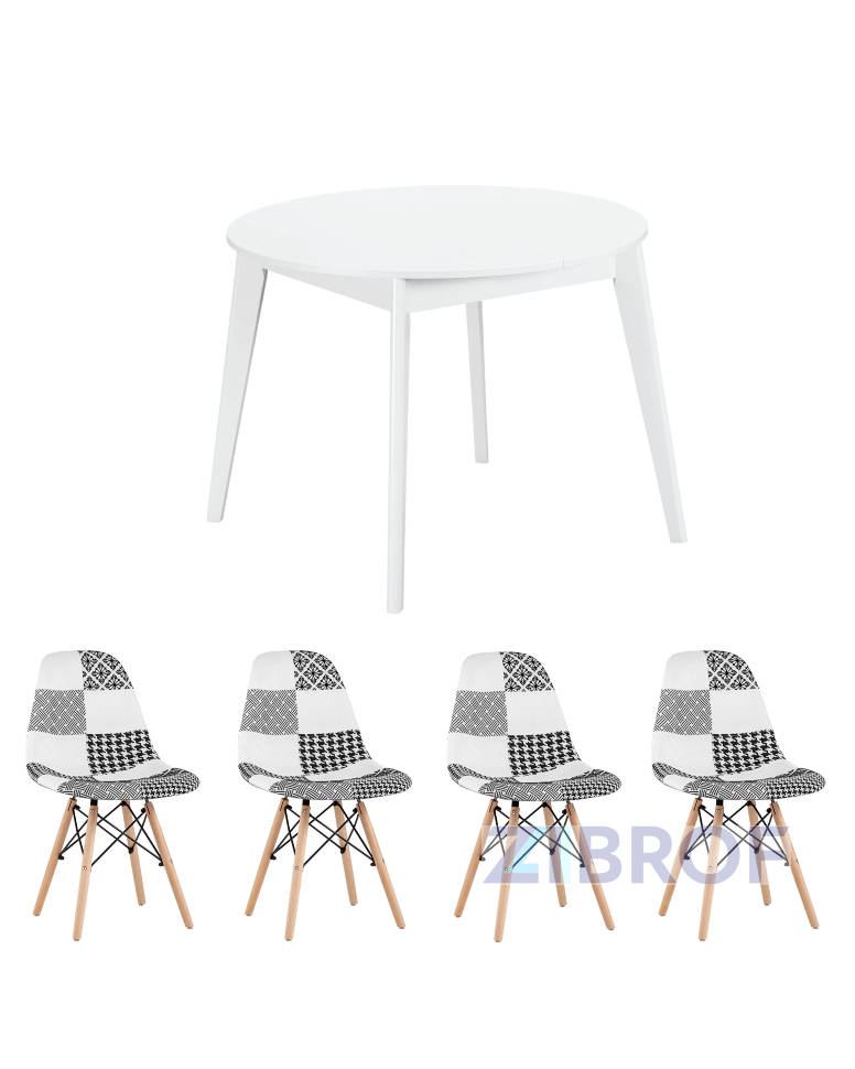Обеденная группа стол Rondo раскладной 100-135*100 см белый, стулья Eames пэчворк черно-белые